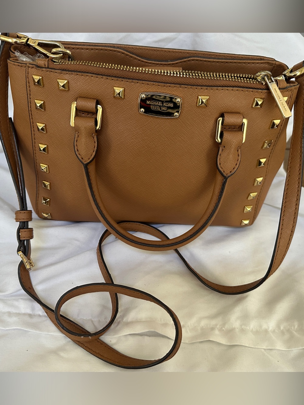 Michael Kors Brown Saffiano Satchel with Gold Stud Accents